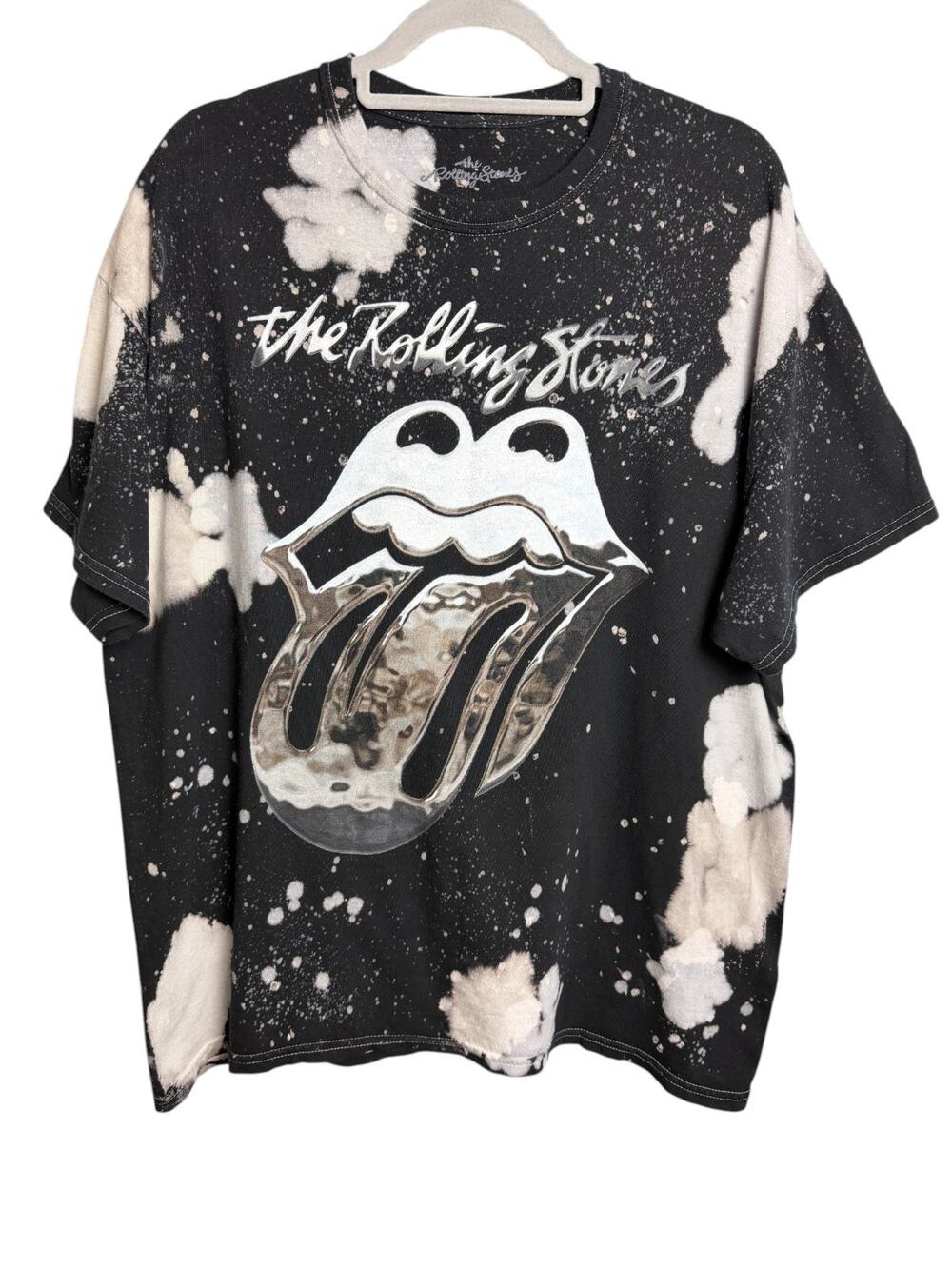 Rolling Stones Black Bleach Tie Dye Tongue Logo Men's T-Shirt Size L Relaxed Fit